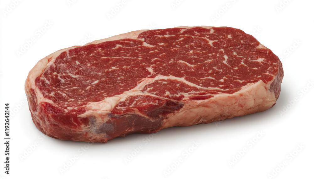 Fresh ribeye steak with marbling on white background, perfect for grilling or cooking. This cut is known for its rich flavor and tenderness, ideal for meat lovers Fresh ribeye steak with marbling on white background, perfect for grilling or cooking. This cut is known for its rich flavor and tenderness, ideal for meat lovers