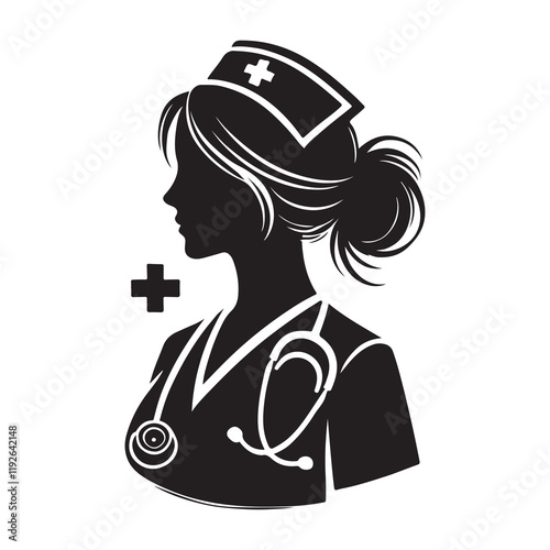 Nurse Silhouette Vector Illustration, Solid White Background.
