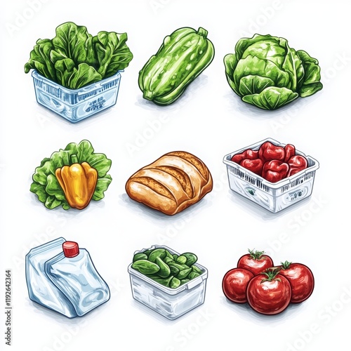 Colorful Grocery Icons and Fresh Produce Collection