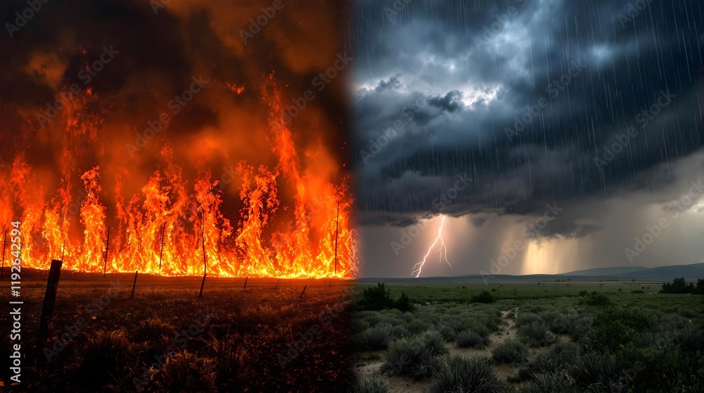 Fototapeta premium Wall of Fire and Lightning Storm Splitting a Landscape, Powerful Scene