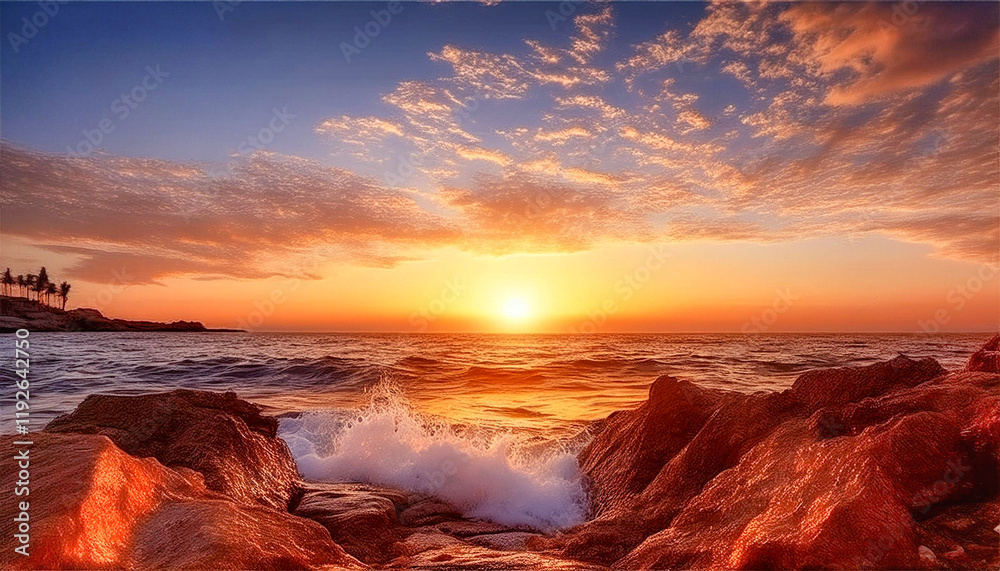 Panoramica relajante de un paisaje marino al atardecer con olas y el sol anaranjado al fondo Panoramica relajante de un paisaje marino al atardecer con olas y el sol anaranjado al fondo