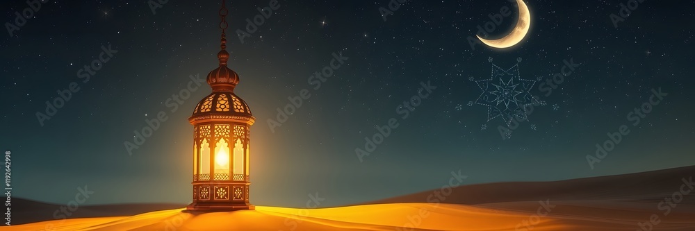 Magical Night with Islamic Lantern, Crescent Moon, and Starry Sky Magical Night with Islamic Lantern, Crescent Moon, and Starry Sky