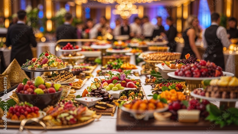 Fototapeta premium Impressive buffet spread at an evening event with elegant decor and diverse dishes