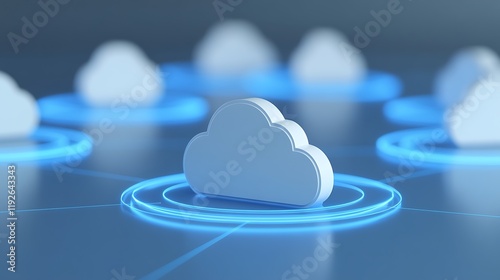 Digital Cloud Network Concept with Central Cloud and Surrounding Nodes in Blue Light Technology Background