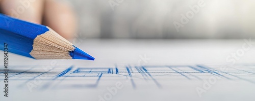 Architect sketching concept. Close-up of a blue pencil drawing architectural plans on white paper. photo