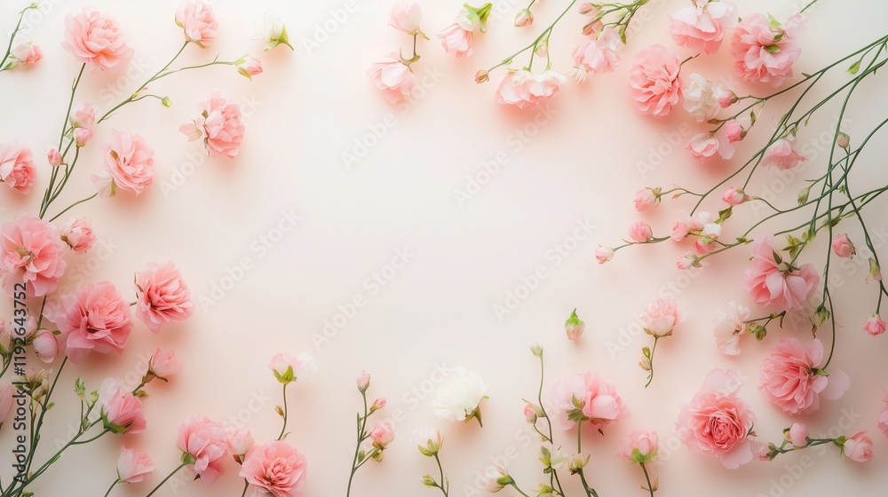 A delicate border of pink spring blossoms, reminiscent of cherry or sakura blooms, graces a vibrant green backdrop A delicate border of pink spring blossoms, reminiscent of cherry or sakura blooms, graces a vibrant green backdrop