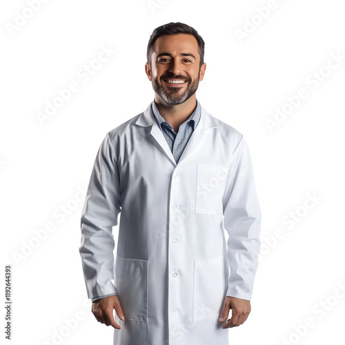 Happy smiling doctor in white coat isolated on transparent background