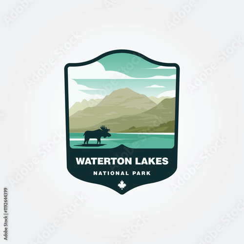 Waterton Lakes National Park badge features moose mountains and lake.