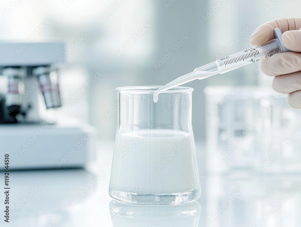 A scientist carefully uses a pipette to transfer liquid into a beaker, showcasing precision in a laboratory setting. A scientist carefully uses a pipette to transfer liquid into a beaker, showcasing precision in a laboratory setting.