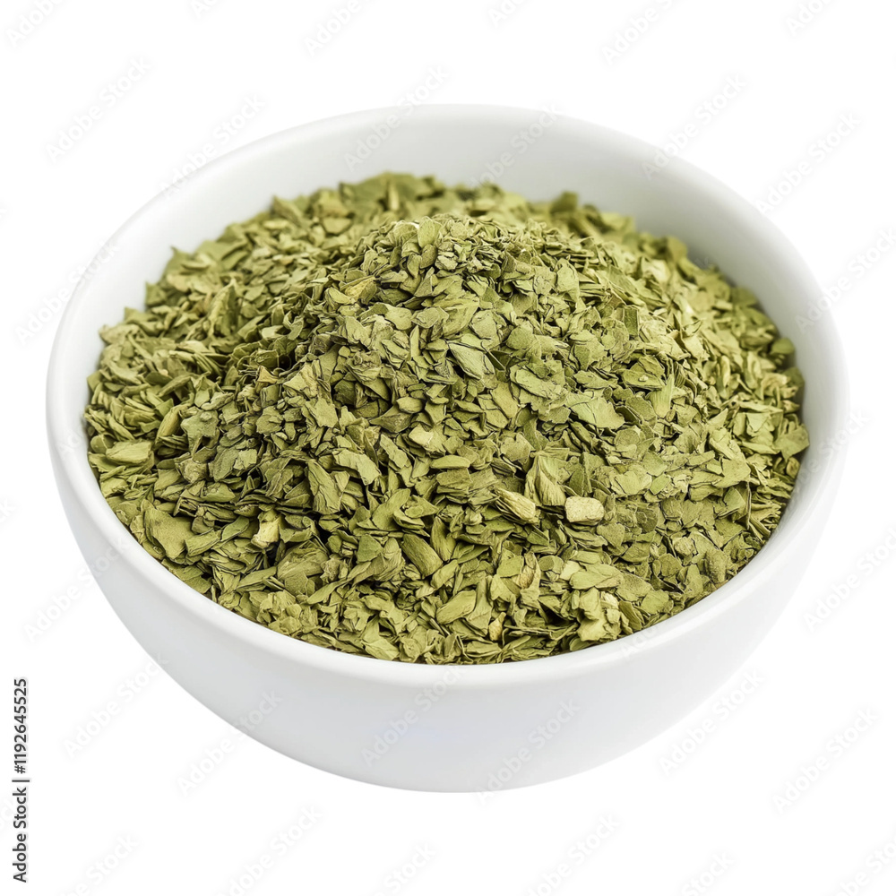 Oregano powder in a white bowl isolated on a white background Oregano powder in a white bowl isolated on a white background