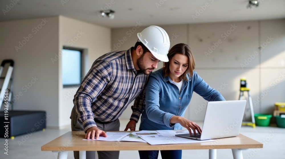 Professionals Collaborating on Building Project With Laptop and Plans Professionals Collaborating on Building Project With Laptop and Plans