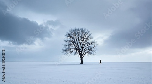 Lonely figure walking towards a bare tree in a snowy field under a dramatic sky. Perfect for themes of solitude, winter, hope, and journey