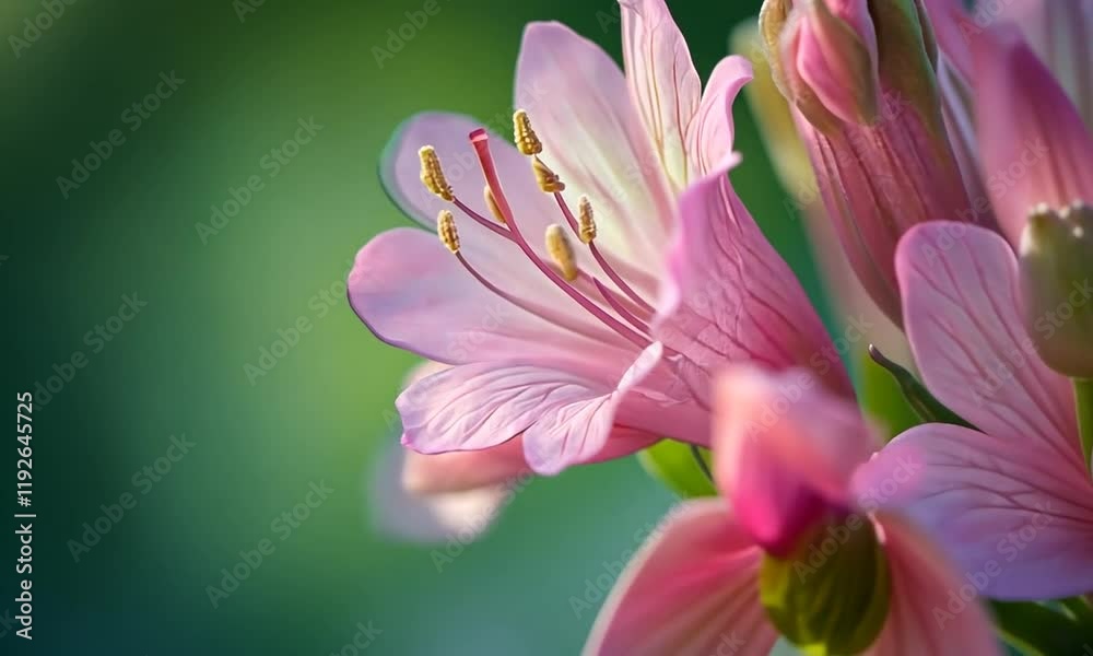 Close-up shot of delicate pink flowers, showcasing intricate details and soft petals against a blurred green background. A captivating image. Close-up shot of delicate pink flowers, showcasing intricate details and soft petals against a blurred green background. A captivating image.