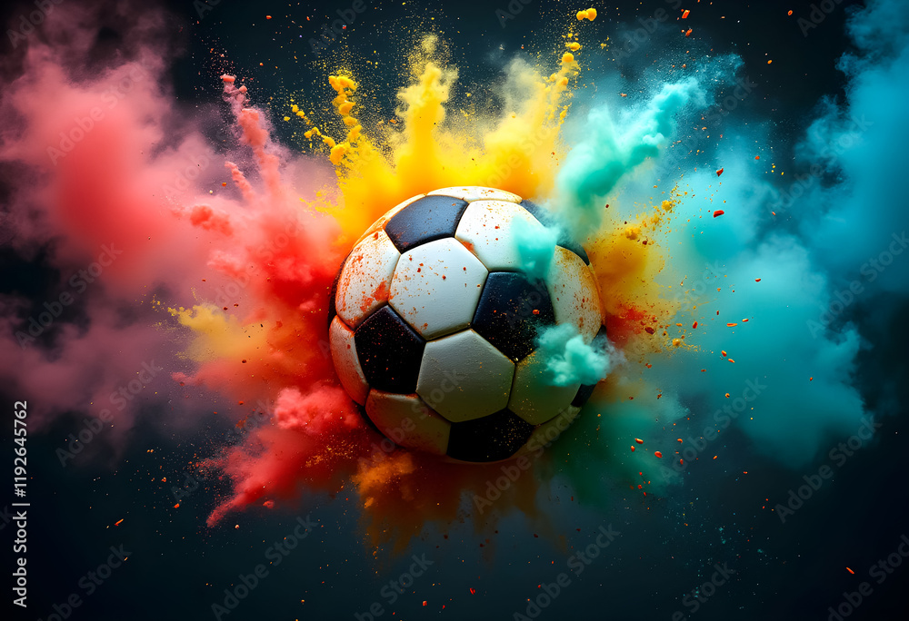 Fototapeta premium A soccer ball is at the center of a vibrant explosion of colored powder, creating an energetic and lively atmosphere. The background highlights the vivid colors of pink, yellow, and blue powder.