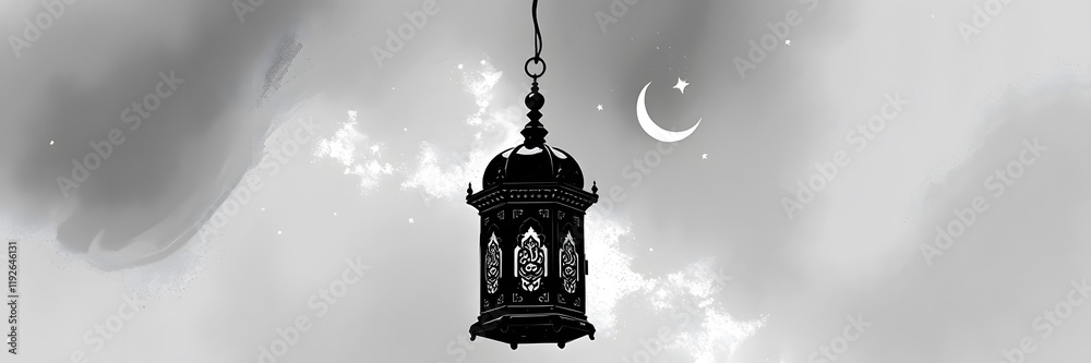 Ornate Islamic Lantern with Crescent Moon and Starry Sky Sketch Ornate Islamic Lantern with Crescent Moon and Starry Sky Sketch