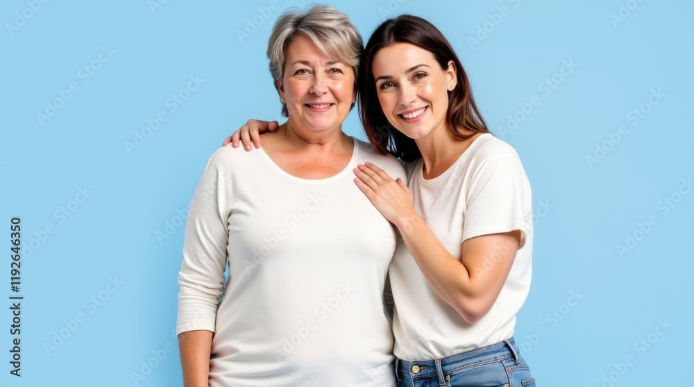 Smiling Women Pose Together Against a Light Blue Background Smiling Women Pose Together Against a Light Blue Background