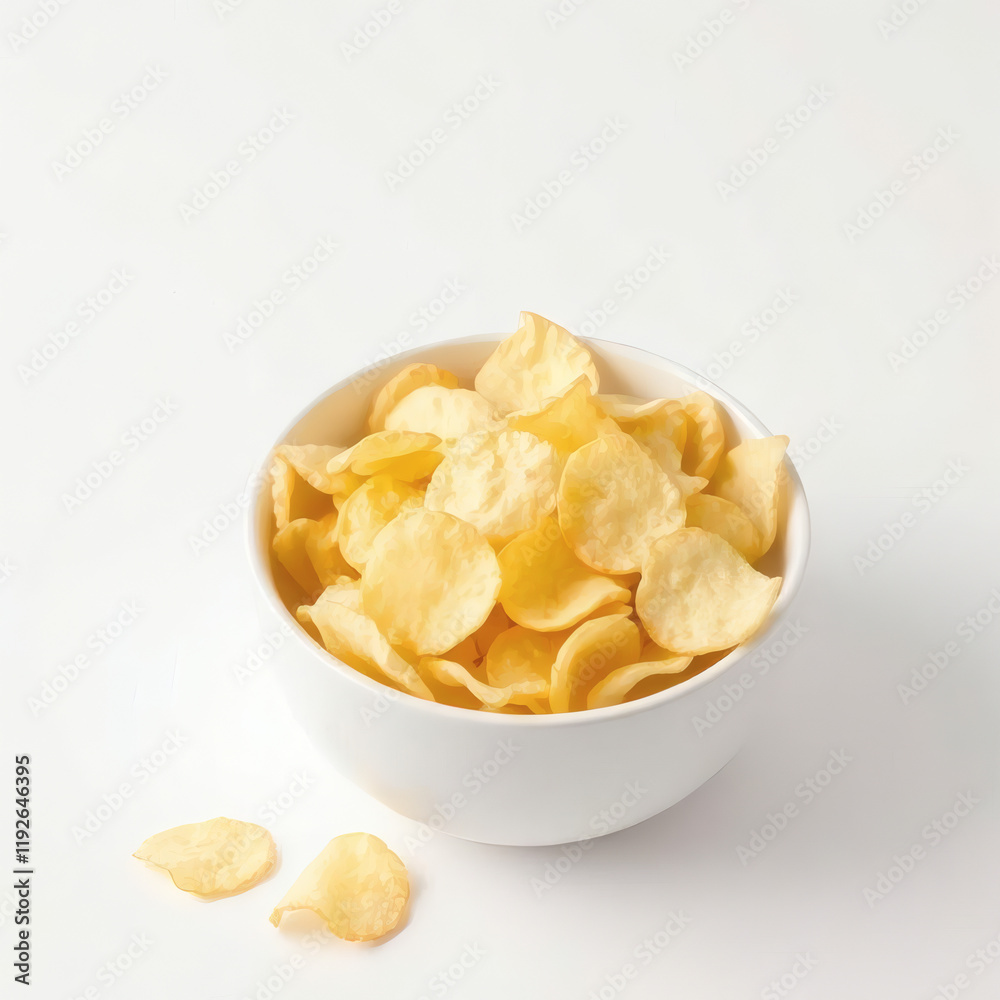 White bowl with potato chips isolated on white bakcground White bowl with potato chips isolated on white bakcground