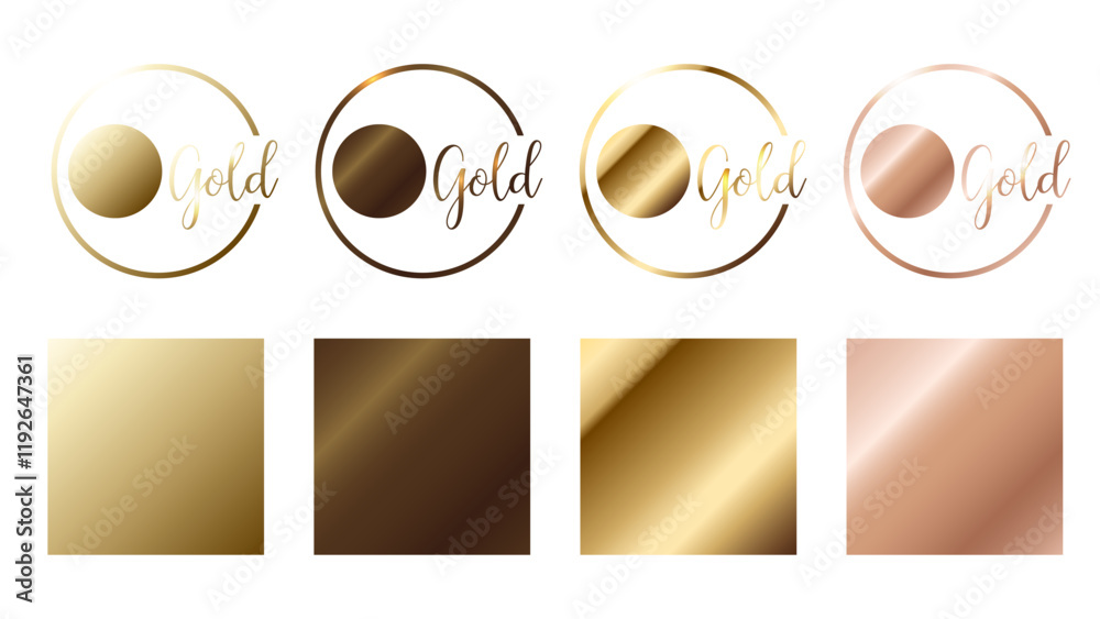 Gold, bronze and pink gold foil texture gradation swatch set. Vector golden elegant, shiny and metalic gradient template for border design, frame, ribbon, label. Rose gold, copper background