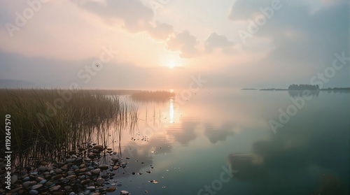 Peaceful sunrise over calm lake with mist, reeds, and smooth stones. Serene landscape photography. Perfect for travel, nature, or meditation themes photo