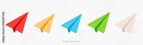 3D Origami paper airplane of different colours icon set. Send message or letter by email. Mail delivery. Social media communication. Cartoon design icons isolated on white. 3D Vector illustration
