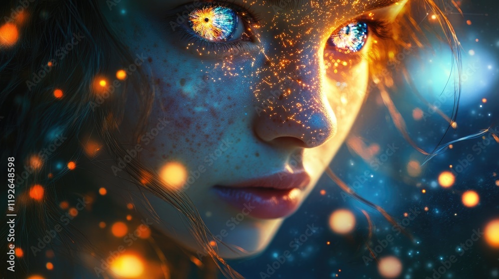 Enchanted Gaze: A Mystical Portrait of a Girl with Glowing Eyes and Sparks Enchanted Gaze: A Mystical Portrait of a Girl with Glowing Eyes and Sparks