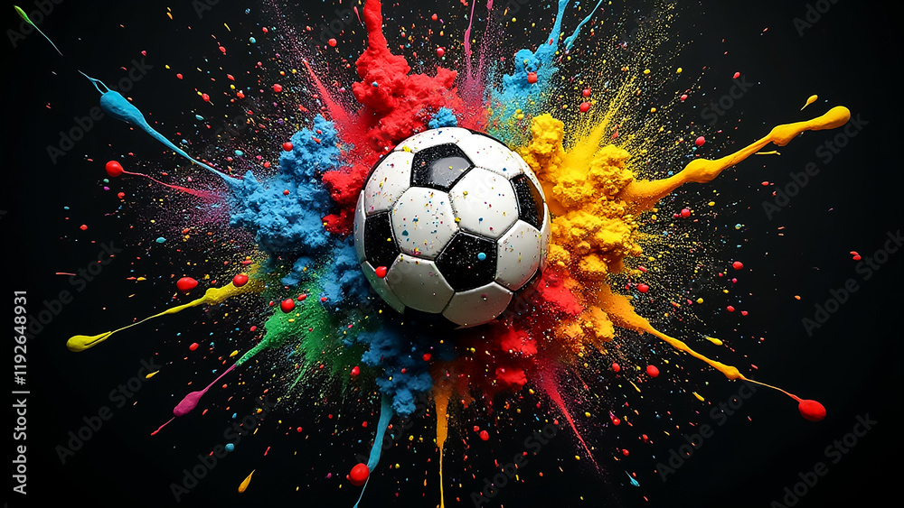 Fototapeta premium A soccer ball rests at the center of a vibrant splash of paint featuring various colors. The contrast emphasizes the joy and dynamism of sports and creativity in action.