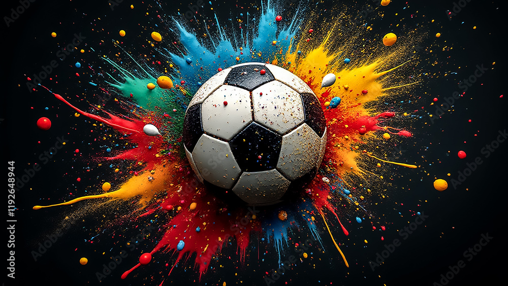 Fototapeta premium A soccer ball is central to the composition, with vibrant paint splashes in red, blue, yellow, and orange radiating outward. The dark background enhances the vivid colors.