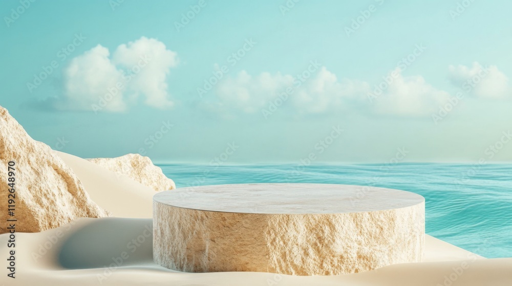 Summer vacation Beach Podium. Modern aesthetic sea and sand podium abstract scene. Empty stage minimalistic boho design background. Stand product showcase. Summer vacation Beach Podium. Modern aesthetic sea and sand podium abstract scene. Empty stage minimalistic boho design background. Stand product showcase.