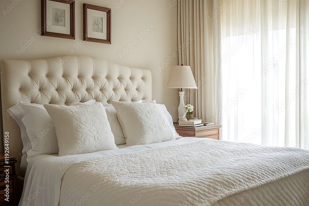 Fototapeta premium Elegant bedroom featuring a plush headboard, soft bedding, and natural light streaming in