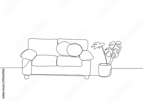 Continuous line interior with sofa, plant and lamp. One line drawing of Living room with modern furniture. Single line drawing of furniture.