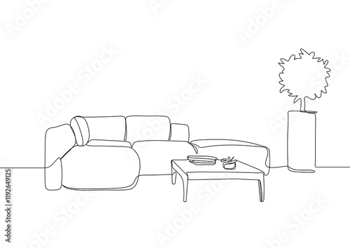 Continuous line interior with sofa, plant and lamp. One line drawing of Living room with modern furniture. Single line drawing of furniture.