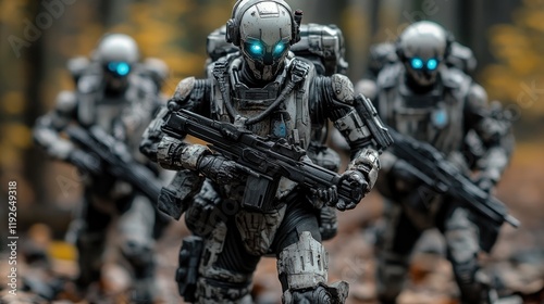 Futuristic Soldiers in Autumnal Forest