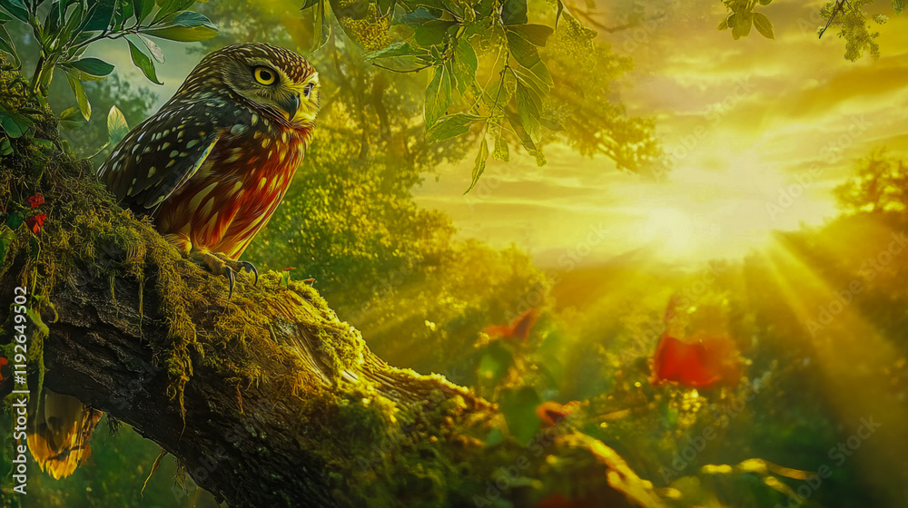 Moment of tranquility as an owl perches on a moss-covered branch at sunrise in a vibrant forest Moment of tranquility as an owl perches on a moss-covered branch at sunrise in a vibrant forest