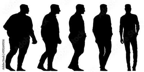 Conceptual fat overweight obese man vs slim fit healthy body after weight loss or diet, white background banner. A  fitness, nutrition or obesity, health care shape illustration vector as silhouettes