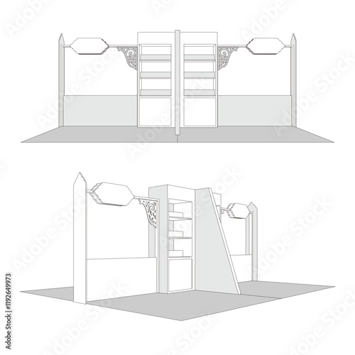 3d booth 3x3 m 4 set ramadan islamic ornament decoration style with rack display product and blank space logo company for event bazar exhibition. Vector editable isolated sketch drawing coloring.