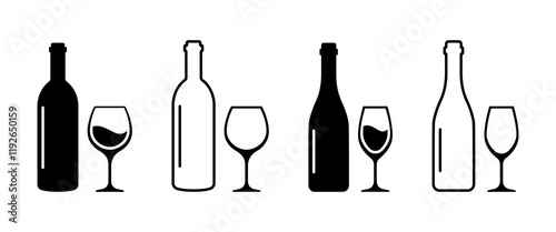 Set of wine bottle with wine glasses vector icons. Silhouette bottle and glass of wine vector. Alcohol glass icon