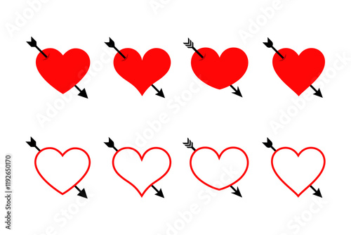 Set of pierced heart icons. Heart with arrow vector symbol. Lovestruck or arrow through heart flat vector icon