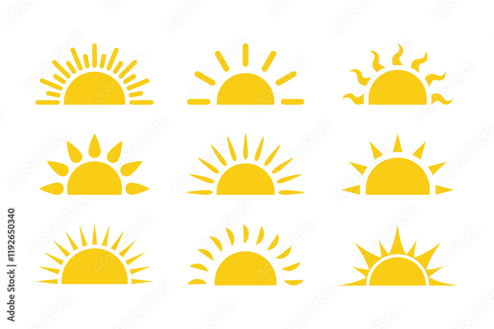 Set of sun flat cartoon icon. Half sun vector icons. Yellow sunrise or sunset. Elements for logo of sunrise, sunset.