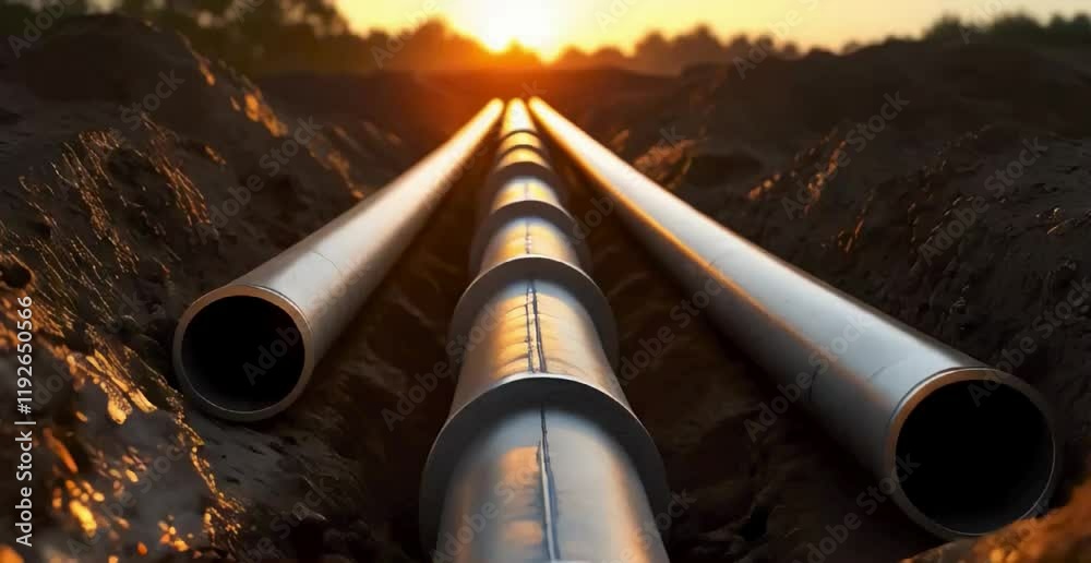 a trench dug in the earth with multiple large pipes running through it. The sun should be setting in the background, casting long shadows and creating a warm, golden light