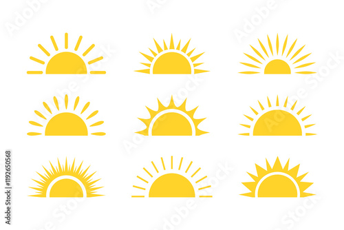 Set of half sun icon, sunrise ray, morning light burst, summer symbol. Yellow sun icon set. Hot solar energy for tan.