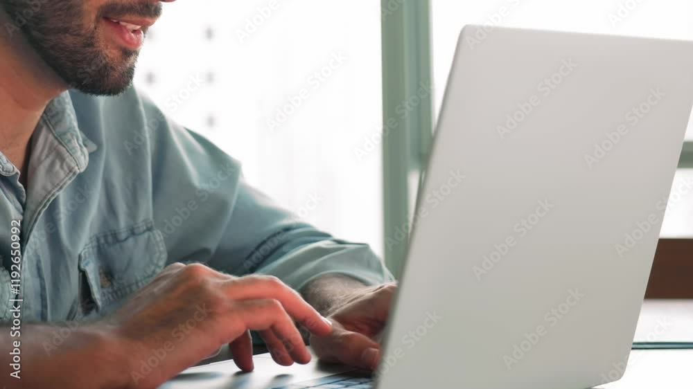 Close up cropped view male hands typing on laptop keyboard sit at workplace desk, web surf information, browse wireless internet, scroll news feed, answers on e-mail, messaging, communicates remotely