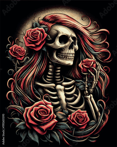 Vector t-shirt design gothic couple skeleton holding a red rose 