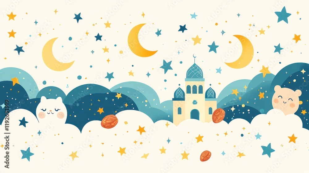 Naklejka premium Whimsical night scene with animals and a castle.