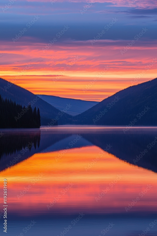 Obraz premium Serene Sunset Over Mountain Lake with Vivid Colors and Reflections in Tranquil Water