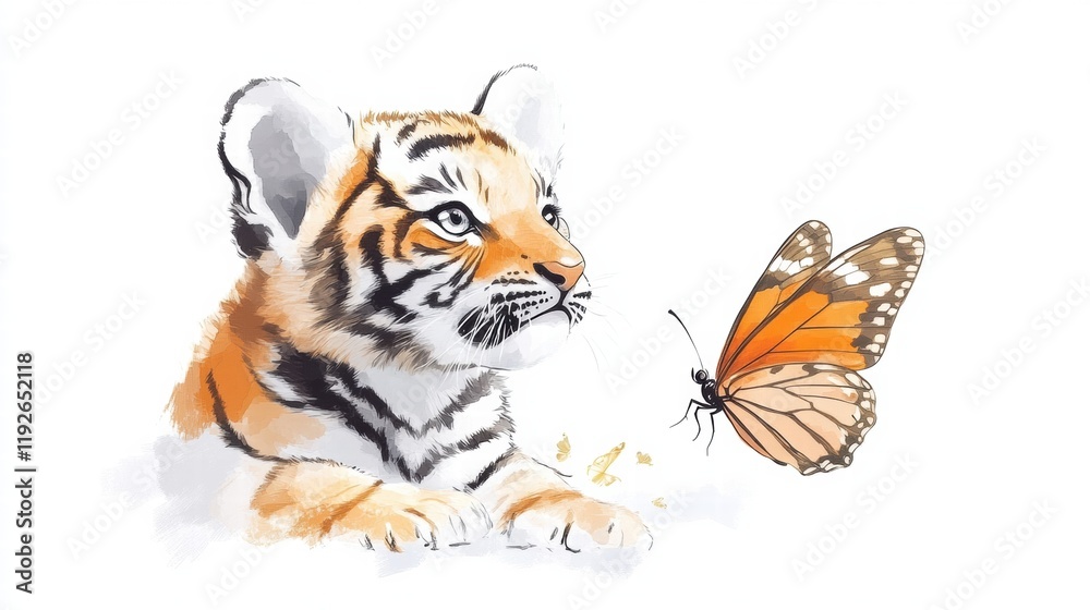 Curious tiger cub watching a butterfly fluttering nearby in a colorful illustration. Generative AI Curious tiger cub watching a butterfly fluttering nearby in a colorful illustration. Generative AI