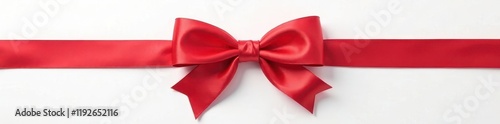 A vibrant red satin bow, elegantly tied on pristine white background , celebration, happy, bright