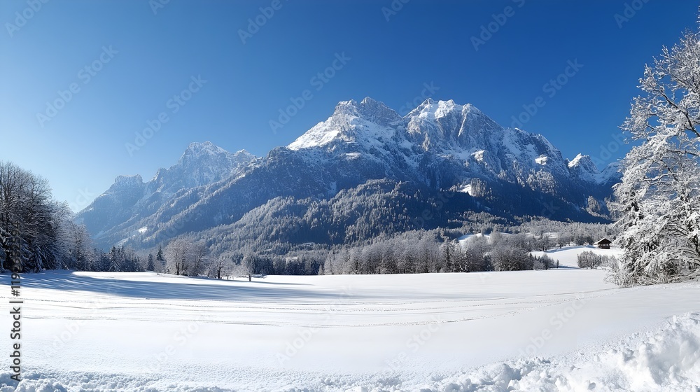 Panoramic shot of a winter landscape featuring towering snow-covered mountains against a crystal-clear blue sky, capturing the serenity and beauty of the alpine scenery Panoramic shot of a winter landscape featuring towering snow-covered mountains against a crystal-clear blue sky, capturing the serenity and beauty of the alpine scenery