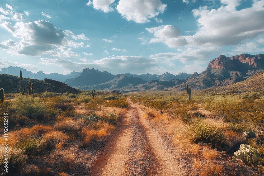 Dirt road leading into the superstition mountains in arizona desert landscape Dirt road leading into the superstition mountains in arizona desert landscape