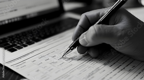 A close-up of a hand writing notes on an amortization chart, with a laptop displaying loan details and a credit score, representing the intricate planning involved in property financing 