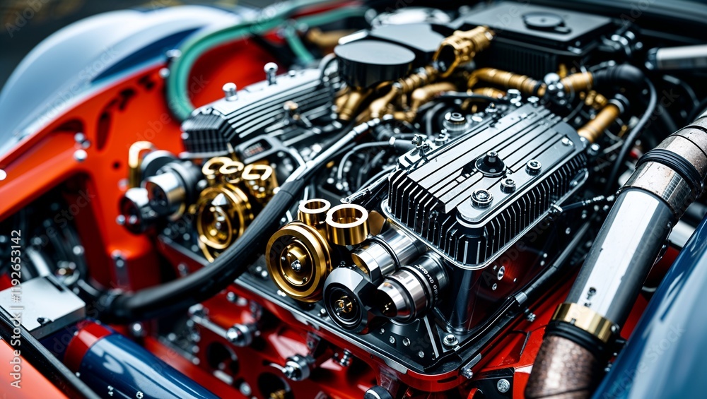 Intricate Close-Up of a Custom Race Car Engine Showcasing Unique Mechanical Design Element Intricate Close-Up of a Custom Race Car Engine Showcasing Unique Mechanical Design Element